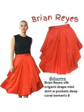 Brian Reyes Women's silk origami drape mini skirt w pockets deep coral Orange 6